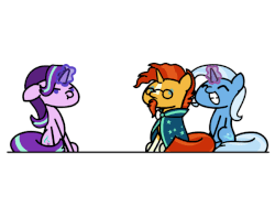 Size: 648x486 | Tagged: safe, artist:flutterluv, starlight glimmer, sunburst, trixie, pony, unicorn, g4, :t, :|, animated, cute, diatrixes, eyes closed, female, fighting over boy, floppy ears, frown, glare, glimmerbetes, glowing horn, grin, happy, harem, horn, magic, magic aura, male, mare, pulling, rivalry, scrunchy face, ship:starburst, ship:trixburst, shipping, shipping war, simple background, smiling, squee, stallion, starlight glimmer is not amused, straight, sunbetes, sunburst gets all the mares, telekinesis, trio, unamused, white background