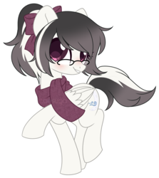Size: 2063x2316 | Tagged: safe, artist:hawthornss, oc, oc only, oc:wintertide, pegasus, pony, blushing, bow, clothes, cute, glasses, hair bow, high res, scarf, simple background, smiling, solo, transparent background