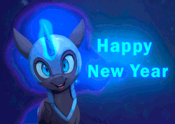 Size: 900x638 | Tagged: safe, artist:rodrigues404, nightmare moon, pony, animated, cinemagraph, cute, female, filly, glowing horn, happy new year, holiday, levitation, looking at you, magic, magic aura, moonabetes, nicemare moon, nightmare woon, open mouth, smiling, solo, standing, telekinesis