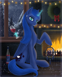 Size: 2610x3239 | Tagged: safe, artist:dezdark, princess luna, alicorn, pony, g4, alcohol, cute, cute little fangs, dreamcatcher, fangs, female, fireplace, glass, happy new year, high res, holiday, looking at you, mare, smiling, snow, solo, tree, window, wine, wine bottle, wine glass, wreath