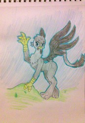 Size: 1662x2408 | Tagged: safe, artist:andandampersand, gabby, griffon, g4, chest fluff, open mouth, simple background, spread wings, waving, wings