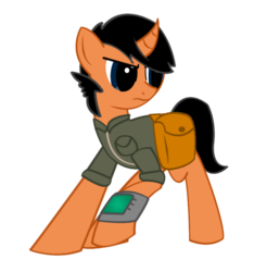 Size: 889x950 | Tagged: safe, artist:prism note, oc, oc only, oc:prism note, pony, unicorn, fallout equestria, clothes, curved horn, horn, jacket, looking back, mechanic, pipbuck, saddle bag, solo