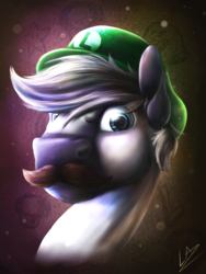 Size: 1024x1365 | Tagged: safe, artist:lupiarts, oc, oc:snoopy stallion, earth pony, pony, bust, crossover, death stare, facial hair, looking at you, luigi, luigi's death stare, male, moustache, painting, portrait, stallion