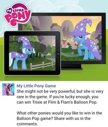 Size: 717x842 | Tagged: safe, gameloft, trixie, pony, unicorn, g4, official, blatant lies, cape, clothes, facebook, female, ipad, mare, my little pony logo, ponyville, television, trixie's cape