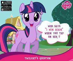 Size: 940x788 | Tagged: safe, gameloft, twilight sparkle, pony, unicorn, g4, accidental innuendo, cute, female, looking at you, mare, open mouth, out of context, ponyville, raised hoof, smiling, solo, twiabetes