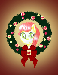 Size: 2550x3300 | Tagged: safe, artist:flutterluv, strawberry sunrise, pegasus, pony, g4, bust, christmas wreath, female, high res, mare, portrait, solo, wreath