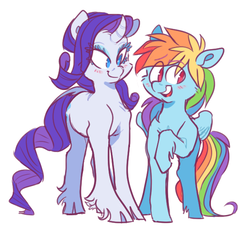 Size: 596x561 | Tagged: source needed, safe, artist:xenon, rainbow dash, rarity, classical unicorn, pegasus, pony, unicorn, g4, blushing, cheek fluff, cloven hooves, curved horn, duo, female, horn, leonine tail, lesbian, looking away, mare, open mouth, raised hoof, ship:raridash, shipping, simple background, smiling, unshorn fetlocks, white background