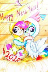 Size: 1831x2735 | Tagged: safe, artist:liaaqila, rainbow dash, scootaloo, pegasus, pony, g4, animal costume, chicken suit, clothes, costume, cute, cutealoo, dashabetes, female, happy new year, happy new year 2018, henbow dash, holiday, hug, liaaqila is trying to murder us, looking at you, mare, one eye closed, open mouth, scootachicken, scootalove, smiling, traditional art, wink