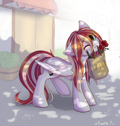 Size: 1024x1069 | Tagged: dead source, safe, artist:freckleplant, oc, oc only, pegasus, pony, alcohol, bag, commission, female, floppy ears, flower, head tilt, looking at you, mare, mouth hold, one eye closed, rose, smiling, solo, wine, wine bottle, wings, wink