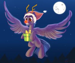 Size: 1024x866 | Tagged: dead source, safe, artist:freckleplant, oc, oc only, pegasus, pony, antlers, christmas, commission, flying, hat, holiday, male, moon, night, present, red nose, reindeer antlers, rudolph nose, santa hat, smiling, solo, spread wings, stallion, wings