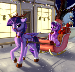 Size: 1500x1437 | Tagged: safe, artist:lightly-san, starlight glimmer, twilight sparkle, alicorn, pony, unicorn, antlers, bridle, christmas, christmas lights, duo, female, floppy ears, harness, hat, holiday, mare, night, reindeer antlers, reins, santa hat, sleigh, smiling, snow, snowfall, tack, twilight sparkle (alicorn), twilight sparkle is not amused, unamused, unshorn fetlocks, winter
