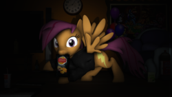 Size: 3920x2205 | Tagged: safe, artist:bronycrystalnight, scootaloo, pony, g4, 3d, alternate cutie mark, caught, chips, clock, female, food, high res, mouth hold, poster, potato chips, solo, source filmmaker, spotlight, spread wings, wingboner, wings