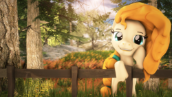 Size: 2560x1440 | Tagged: safe, artist:dazzion, artist:redaceofspades, pear butter, earth pony, pony, g4, 3d, female, fence, hoof on head, looking at you, poster, smiling, solo, source filmmaker, tree, wallpaper