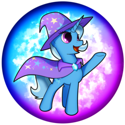 Size: 2539x2539 | Tagged: safe, artist:flamevulture17, trixie, pony, unicorn, g4, cape, clothes, female, hat, high res, mare, open mouth, orb, smiling, solo, trixie's cape, trixie's hat, underhoof