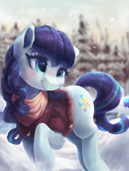 Size: 3000x4000 | Tagged: safe, artist:vanillaghosties, coloratura, earth pony, pony, g4, clothes, cute, female, happy, high res, mare, raised hoof, rara, rarabetes, scarf, scenery, smiling, snow, solo, tree, winter