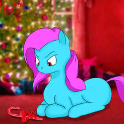 Size: 1280x1280 | Tagged: safe, artist:merrowbro, oc, oc only, pony, candy, candy cane, celebration, christmas, christmas tree, food, frown, holiday, lying down, ponyloaf, prone, solo, tree