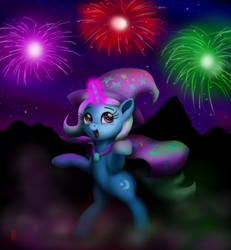 Size: 3000x3253 | Tagged: safe, artist:celsian, trixie, pony, unicorn, g4, bipedal, cape, clothes, cute, diatrixes, female, fireworks, happy new year, happy new year 2018, hat, high res, holiday, magic, magic aura, mare, night, open mouth, smiling, solo, standing, stars, trixie's cape, trixie's hat