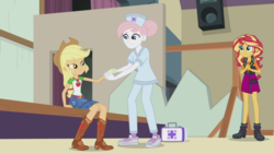 Size: 1272x716 | Tagged: safe, screencap, applejack, nurse redheart, sunset shimmer, constructive criticism, equestria girls, g4, my little pony equestria girls: choose your own ending, bandage, broken hand, first aid kit, injured, shoes, sneakers