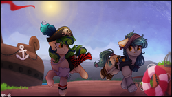 Size: 1800x1012 | Tagged: safe, artist:cloud-drawings, oc, oc only, earth pony, pony, clothes, female, hat, mare, ocean, pier, pirate hat, ship, smiling, sun