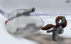 Size: 2627x1636 | Tagged: safe, artist:the-furry-railfan, oc, oc only, oc:pressure cooker, earth pony, pony, cannon, clothes, dirt road, female, inflatable, jacket, looking up, mare, maus, oh crap, panic, snow, solo, story included, tank (vehicle), this will end in tears and/or death, this will not end well