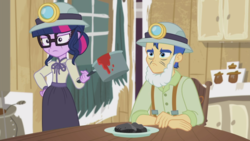 Size: 1272x716 | Tagged: safe, screencap, flash sentry, sci-twi, twilight sparkle, equestria girls, g4, my little pony equestria girls: better together, opening night, clothes, costume, fake beard, flash sentry is not amused, hard hat, helmet, makeup, mining helmet, pot, school play, twilight sparkle is not amused, unamused