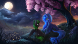 Size: 4000x2250 | Tagged: safe, artist:atlas-66, princess luna, oc, alicorn, pony, g4, alicorn oc, cherry blossoms, commission, duo, female, flower, flower blossom, full moon, grass, high res, mare, moon, night, night sky, scenery, scenery porn, sky, smiling, town, tree