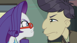 Size: 1272x716 | Tagged: safe, screencap, cranky doodle donkey, rarity, equestria girls, equestria girls series, g4, happily ever after party, confrontation, glasses, glasses rarity, happily ever after party: rarity, rarity's glasses