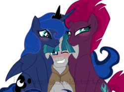 Size: 1133x841 | Tagged: safe, artist:ipandacakes, fizzlepop berrytwist, princess luna, stygian, tempest shadow, g4, my little pony: the movie, shadow play, bisexual, blushing, crack shipping, floppy ears, lucky bastard, lunapestian, male, polyamory, ship:styuna, ship:tempestluna, shipping, simple background, size difference, smaller male, stygian gets all the mares, tempgian, transparent background