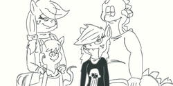 Size: 1024x506 | Tagged: safe, artist:askapplespikesblog, applejack, spike, oc, dracony, dragon, hybrid, anthro, g4, female, hair over one eye, interspecies offspring, lidded eyes, male, monochrome, offspring, parent:applejack, parent:spike, parents:applespike, ship:applespike, shipping, simple background, straight, why