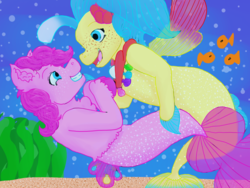 Size: 1600x1200 | Tagged: safe, artist:charmanderxerneas, pinkie pie, princess skystar, seapony (g4), g4, my little pony: the movie, bioluminescent, blue eyes, blushing, bubble, coral, cute, dorsal fin, female, fin, fin wings, fins, fish tail, floppy ears, flower, flower in hair, flowing mane, flowing tail, freckles, glowing, happy, jewelry, lesbian, mare, necklace, ocean, open mouth, open smile, pearl necklace, seaponified, seapony pinkie pie, seaquestria, seashell, seaweed, ship:skypie, shipping, skyabetes, smiling, solo, species swap, swimming, tail, underwater, water, wings