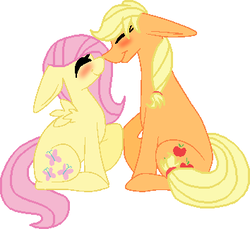 Size: 354x324 | Tagged: safe, artist:junetheicecat, applejack, fluttershy, earth pony, pegasus, pony, g4, big ears, blushing, eyes closed, female, floppy ears, lesbian, mare, raised hoof, ship:appleshy, shipping, simple background, sitting, small wings, smiling, white background