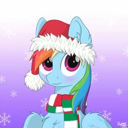 Size: 1199x1200 | Tagged: safe, artist:skypony14, rainbow dash, pegasus, pony, blushing, christmas, clothes, cute, dashabetes, female, hat, holiday, mare, santa hat, scarf, snow, snowflake, solo