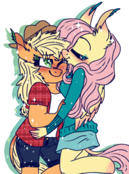 Size: 945x1280 | Tagged: safe, artist:kiwipm, applejack, fluttershy, earth pony, pegasus, anthro, unguligrade anthro, g4, blushing, clothes, female, forehead kiss, hat, kissing, lesbian, mare, plaid shirt, ship:appleshy, shipping, shorts, simple background, skirt, white background