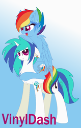 Size: 519x815 | Tagged: safe, artist:superrosey16, dj pon-3, rainbow dash, vinyl scratch, g4, backwards cutie mark, female, lesbian, shipping, vinyldash, watermark