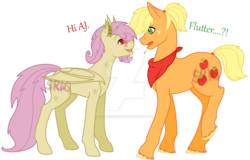 Size: 1024x655 | Tagged: safe, artist:superrosey16, applejack, fluttershy, bat pony, pony, g4, applejack (male), butterscotch, dialogue, eye contact, flutterbat, gay, looking at each other, male, neckerchief, profile, race swap, rule 63, ship:applescotch, ship:appleshy, shipping, standing, watermark