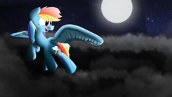 Size: 3840x2160 | Tagged: safe, artist:themoonfall, rainbow dash, pegasus, pony, g4, art, cloud, female, flying, high res, looking down, moon, night, night sky, sky, solo