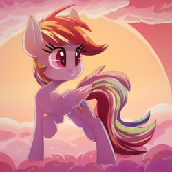 Size: 2000x2000 | Tagged: safe, artist:discorded, rainbow dash, pegasus, pony, g4, cloud, cute, dashabetes, female, folded wings, high res, mare, on a cloud, outdoors, raised hoof, sky, solo, sunset, wings