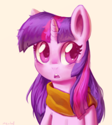 Size: 1142x1280 | Tagged: safe, artist:mewball, twilight sparkle, pony, unicorn, g4, :o, bust, clothes, female, mare, open mouth, scarf, simple background, solo
