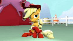 Size: 800x450 | Tagged: safe, artist:ponygaben, applejack, earth pony, pony, g4, 3d, animated, blinking, clothes, cute, female, fence, gif, jackabetes, mare, sitting, socks, solo, source filmmaker, sweet apple acres