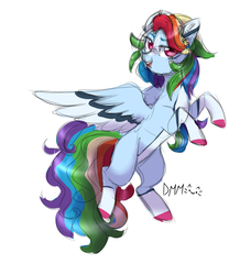 Size: 775x849 | Tagged: safe, artist:pandemiamichi, rainbow dash, pony, g4, colored wings, female, looking at you, multicolored wings, rearing, simple background, sketch, solo, white background