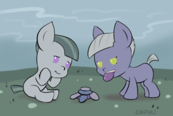 Size: 1000x667 | Tagged: safe, artist:empyu, limestone pie, marble pie, earth pony, pony, g4, 30 minute art challenge, cute, duo, foal, limabetes, marblebetes, mouth hold, weapons-grade cute, younger