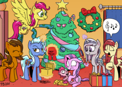 Size: 2631x1860 | Tagged: safe, artist:pony-berserker, oc, oc only, oc:cobalt, oc:dopple, oc:rhythm a cappella, oc:show stopper, oc:stirling silver, oc:sweet words, pony, candy, candy cane, christmas, christmas tree, clothes, food, hearth's warming, holiday, mirror, not trixie, plushie, present, singing, socks, tree, wreath