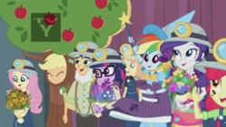 Size: 1272x716 | Tagged: safe, screencap, apple bloom, applejack, flash sentry, fluttershy, golden hazel, rainbow dash, rarity, sci-twi, twilight sparkle, equestria girls, g4, happily ever after party, my little pony equestria girls: better together, apple, apple tree, apple tree costume, bouquet, clothes, costume, flower, hard hat, school play, tree, tree costume, tv-y