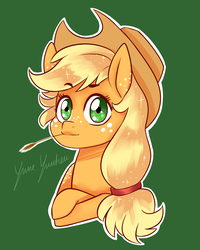 Size: 3200x4000 | Tagged: safe, artist:yumeyuuheii, applejack, earth pony, pony, g4, chibi, cowboy hat, cute, female, freckles, green background, hat, hay stalk, jackabetes, mare, signature, simple background, solo, straw in mouth