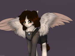 Size: 4000x3000 | Tagged: safe, artist:racheldantes, pegasus, pony, blushing, clothes, female, heathers, pin, ponified, shirt, solo, spread wings, wings