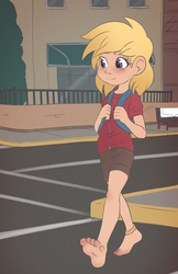 Size: 1661x2568 | Tagged: safe, artist:padoga, dinky hooves, human, g4, anklet, backpack, barefoot, barefooting, city, clothes, commission, feet, humanized, shorts, smiling, solo, toe ring, walking, wrong eye color