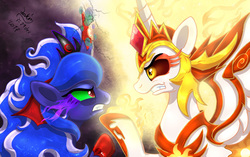 Size: 1980x1240 | Tagged: safe, artist:joakaha, idw, daybreaker, princess luna, alicorn, pony, g4, reflections, spoiler:comic, angry, badass, crossover, curved horn, duo, evil counterpart, evil luna, evil sisters, eye contact, fangs, gritted teeth, horn, looking at each other, mirror universe, signature, sombra eyes, sombra horn