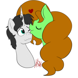 Size: 2000x2000 | Tagged: safe, artist:chelseawest, oc, oc only, oc:dr. west, oc:painted petal, pegasus, pony, unicorn, female, heart, high res, kissing, male, mare, petalverse, simple background, stallion, transparent background