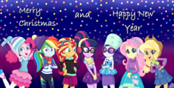 Size: 3380x1700 | Tagged: safe, artist:liniitadash23, applejack, fluttershy, pinkie pie, rainbow dash, rarity, sci-twi, sunset shimmer, twilight sparkle, equestria girls, equestria girls series, g4, 2018, applejack's hat, bracelet, bundled up for winter, christmas, clothes, coat, cowboy hat, dress, earmuffs, fluttershy boho dress, glasses, gloves, happy holidays, happy new year, happy new year 2018, hat, headband, holiday, humane five, humane seven, humane six, jacket, jewelry, looking at each other, looking at someone, looking at you, merry christmas, mittens, multicolored hair, new year, new years eve, open mouth, pencil skirt, photo, ponytail, rah rah skirt, rarity peplum dress, scarf, show accurate, skirt, smiling, smiling at you, snow, snowfall, sunglasses, sweater, winter, winter clothes, winter hat, winter outfit
