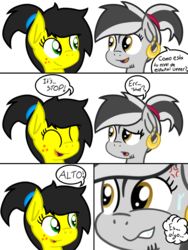 Size: 1200x1600 | Tagged: safe, artist:toyminator900, oc, oc only, oc:trinidad, oc:uppercute, earth pony, pony, zebra, comic, duo, ear piercing, earring, freckles, jewelry, open mouth, piercing, simple background, spanish, speech bubble, thought bubble, translated in the comments, transparent background, zebra oc